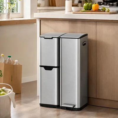 Produktbild von SONGMICS Mülltrennsystem Küche 60 L Tretmülleimer mit 3 Fächern 46,7 x 39 x 71,9 cm Silbern