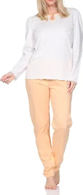 Produktbild von Normann Damen Schlafanzug langarm Pyjama in Tupfen Punkte Optik – auch in Übergrößen ; apricot , 48