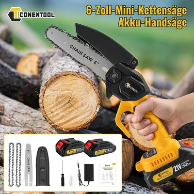 Produktbild von Mini Elektro Akku Kettensäge 6 Zoll Astsäge Baumsäge Gartensäge Einhand tragbare Motorsäge mit 2 Akkus Ladegerät 600W 21V Schnittlänge 15 cm 2500 g