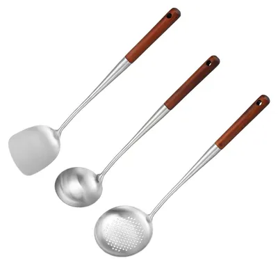 Produktbild von Set aus 3 Edelstahl-Küchenwerkzeugen mit Holzgriffen