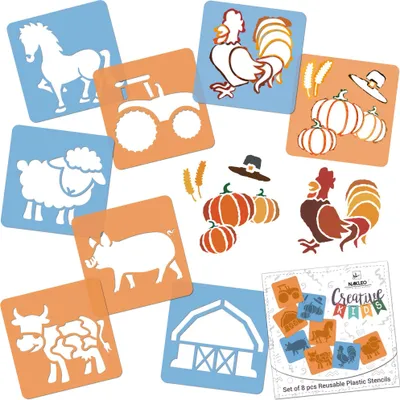 Produktbild von Schablonen Malen für Kinder, 8 Stück Set 15x15 cm Bauernhof Tiere, Kinder Kreatives Zeichenschablonen, Kunststoff Wiederverwendbar Malschablone