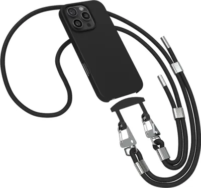 Produktbild von EAZY CASE - 2in1 Handyhülle mit Band kompatibel mit Apple iPhone 16 Pro, Silikonhülle zum Schutz, stoßfester Fallschutz, Umhängeband mit Hülle in Schwarz