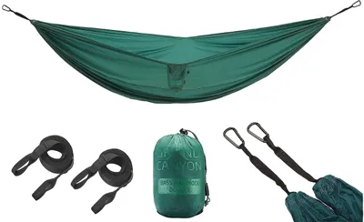 Produktbild von GRAND CANYON BASS HAMMOCK DOUBLE / leichte Doppel - Hängematte inkl Befestigung / Reisehängematte/ nur 750g/ 290 x 230 cm/ kleines Packmaß /  für Camping/ Trekking/ Outdoor/ Reisen