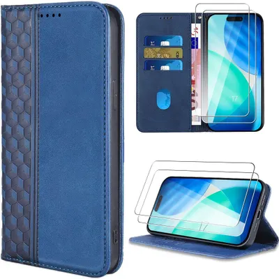 Image de Coque + 2 Verres Trempés pour iPhone 17, Flip Case Synthécuir Antichoc Motif Mosaïque - Bleu Marine