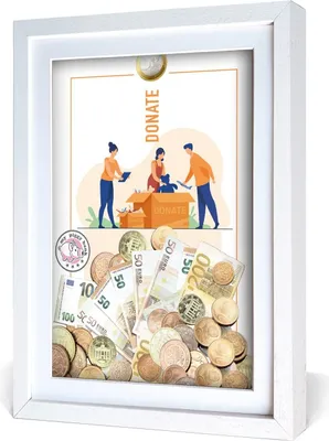 Produktbild von aFFa frames My Piggy Bank Spardose, 3D Bilderrahmen zum Befüllen, Geldgeschenke Verpackung für Auto, Haus, Geburtstag, mit Acrylglasfront, aus Holz, 32x42x2,5cm, Weiß,  Rahmen Spenden Muster