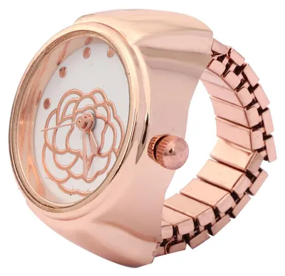 Produktbild von Fingerring-Uhr, rundes Zifferblatt, Rosen-Blumenmuster, Damen-Quarzuhr, Roségold