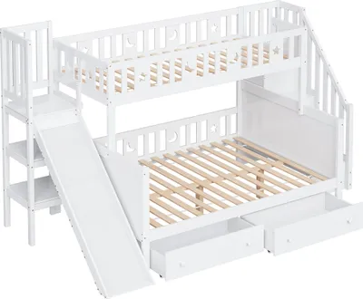 Immagine prodotto di Letto per bambini Sweiko 90x200/140x200 cm, letto a castello in legno massiccio con scivolo e ripiano con gradini di sicurezza, due ampi cassetti e rete a doghe, bianco