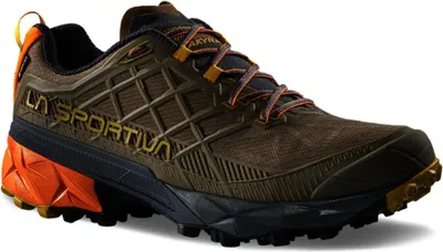 La Sportiva Akyra II Gtx Schuh in Olivgrün mit orangefarbenen Details und schwarzer Sohle