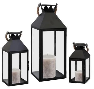 Produktbild von 3er Laternen Set Metall Gartenlaterne Windlicht Seilgriff 25/40/51cm