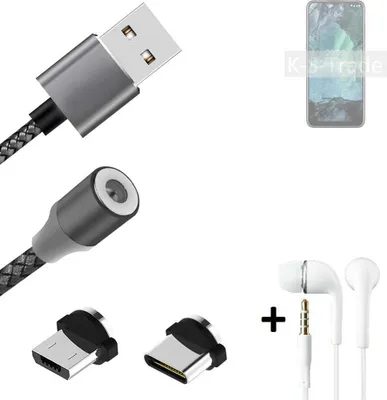 Produktbild von K-S-Trade® Hochwertiges Magnet-Lade-kabel Sync-Kabel Daten-Kabel + Kopfhörer kompatibel mit Nokia G11 mit USB-Typ-C-Anschluss und