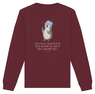 Produktbild von Mr. & Mrs. Panda Bio Pullover Pinguin Duschen Größe XXL - Burgundy - Geschenk, Pulli, Baumwoll Sweatshirt, Neuanfang, Baden, Duschkonzert, Sweater, Singen