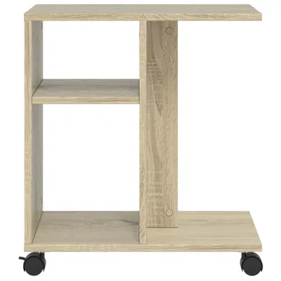 A side view of a wooden side table with wheels.