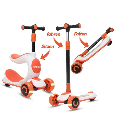 Produktbild von Habib Kinderroller 3-Rad mit LED Licht | Klappbar & Höhenverstellbar: Orange