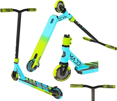 A collage of different views of a stunt scooter, including the full scooter, the deck and front wheel, and the handlebars.