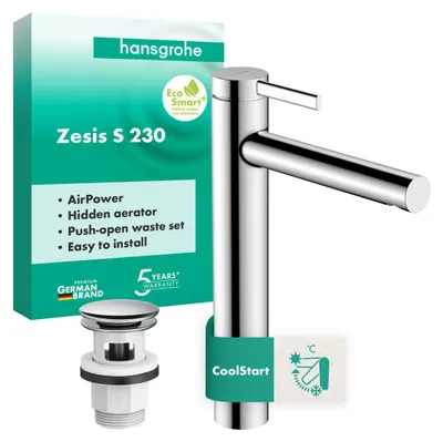 Immagine prodotto di hansgrohe Zesis S Mitigeur monocommandé de lavabo 230 CoolStart pour lavabos à poser, avec vidage Push-Open, 74732000, 74732000