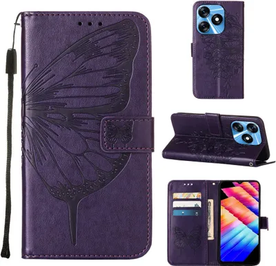 Produktbild von Lederhülle für Tecno Spark 10 4G Schmetterling Prägung Flip Ledertasche Kartenfächer Handyhülle mit Ständer Lila