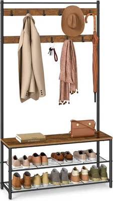 Imagen del producto de Mueble perchero con banco - Mueble para recibidor 4 en 1 con zapatero - 9 ganchos - 100 x 42,2 x 182 cm - Estilo industrial