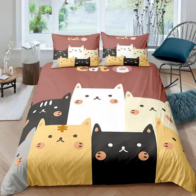 Productafbeelding van Beddengoedset met cartoonkat, 200x200 cm, 3-delig, microvezel, met rits