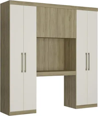 Produktbild von Bettüberbau mit 6 Türen, Kleiderschrank & Stauraum - L. 200 cm - Eichefarben & Elfenbeinfarben - ANTERO II