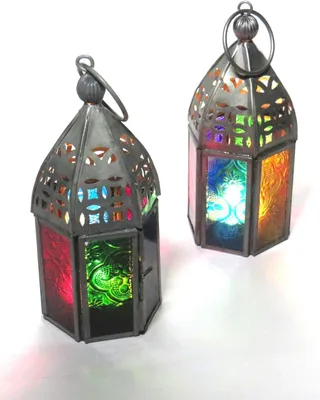 Immagine prodotto di Set di 2 mini lanterne marocchine per candele, con vetro multicolore