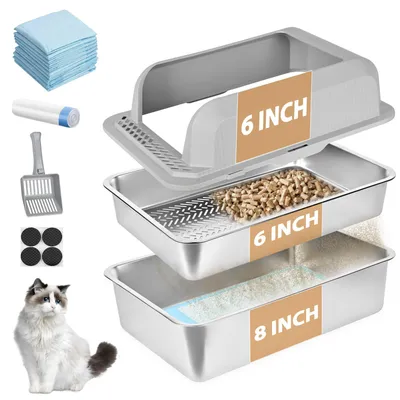 Immagine prodotto di Contenitore in acciaio inossidabile per setacciare la lettiera per gatti, dimensioni 60 x 40 x 36 cm, con coperchio e paletta per la lettiera