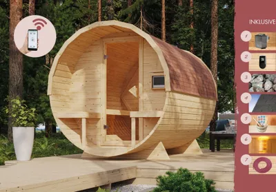 Produktbild von Karibu Saunahaus Außensauna Gartensauna Fasssauna Saunafass 2 38mm Wandstärke 229 x 299 cm großes Sparset mit Ofen und Steuergerät