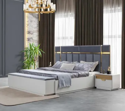 Immagine prodotto di Camera da letto completo imbottito letto panca comodini in acciaio inox bianco blu 4pcs