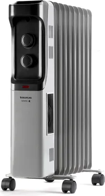 A gray and black oil-filled radiator heater with wheels, shown from a slight angle against a white background.