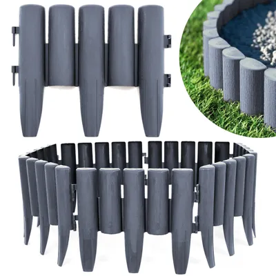 A collage of images showing grey plastic garden edging with a wood-like texture, displayed in straight and curved configurations, and a close-up of the edging installed in a garden.