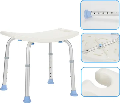 A white shower stool with silver legs and blue accents, shown against a white background. Inset images show details of the stool's adjustable leg and underside.