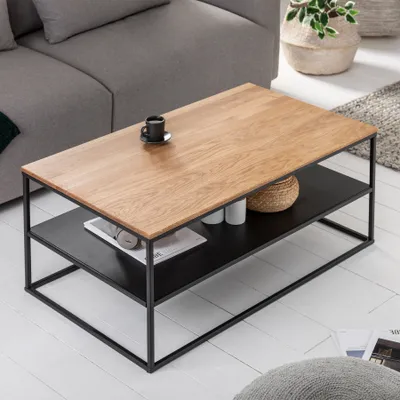 Obrázok produktu pre riess-ambiente Priemyselný konferenčný stolík APARTMENT 95 cm masívne drevo olejovaný dub s policou kovový rám čierny bočný stolík