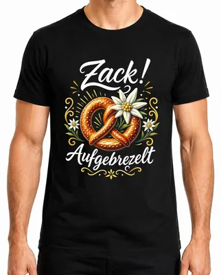 Produktbild von Zackig Aufgebrezelt Brezel Edelweiß Alpen Trachtenshirt Lederhose Herren T-Shirt, Schwarz, S