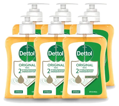 Immagine prodotto di 6 flaconi di sapone liquido antibatterico per le mani Dettol, profumo originale, da 250 ml ciascuno. Confezione da 6 pezzi