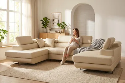 Produktbild von Ecksofa SAVIO BIG Boston – mit Schlaffunktion, Kunstleder in Beige, Family Meble, KI-generiertes Bild