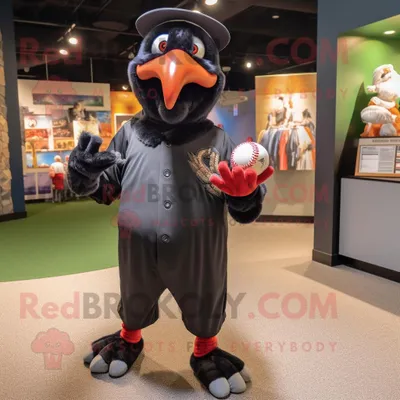 Produktbild von Schwarzer REDBROKOLY Papagei als Maskottchen kostüm bekleidet mit einem Baseball-T-Shirt und Ohrringen