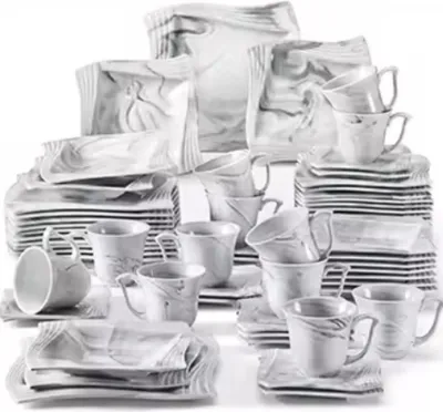 Produktbild von Bordenset – 12 Personen – 60-teilig – Marmerlook Keramik – Frühstücks- und Beilagenteller