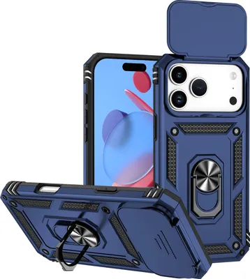Produktbild von Hülle für iPhone 18 Pro Max mit Schiebe Kamera Schutz und Ringhalter Ständer Hybrid Schutzhülle Blau
