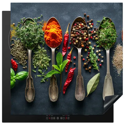 Obrázek produktu pro KitchenYeah® Krycí deska na sporák koření - lžíce - bylinky, 78x78cm, kuchyňská dekorace, keramická krycí deska, krycí deska na varnou desku