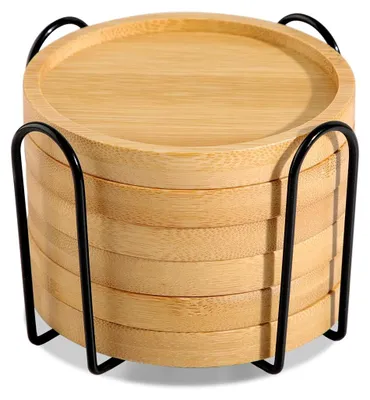 Productafbeelding van Bamboe onderzetters - Set van 6 met houder - Voor glazen en kopjes - Rond, diameter 10 cm
