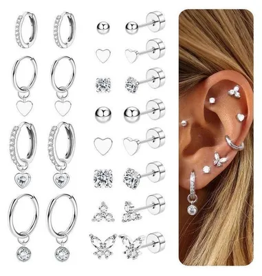 Produktbild von 15 Paar Ohrringe Damen Chirurgenstahl Medizinische Ohrstecker Creolen Hypoallergen Silber