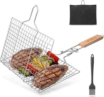 Image de Set de barbecue portable - pour le poisson et les steaks - crevettes crues et côtelettes - acier inoxydable 304 - pinceau à sauce inclus