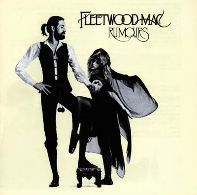 Album cover art for Fleetwood Mac's "Rumours" album, featuring band members Mick Fleetwood and Stevie Nicks.