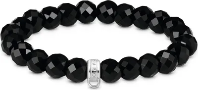 A bracelet made of black faceted beads with a silver clasp.