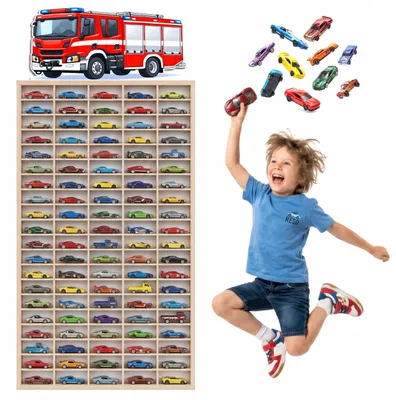Modellauto-Regal für 100 Autos 1:64 – Wandregal & Setzkasten für Spielzeugautos, Feuerwehr-Motiv, Birken-Sperrholz – Gesamtansicht auf neutralem Hintergrund