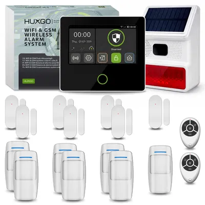 Produktbild von HUXGO Funk Alarmanlage Set HXA502 B mit Solar Sirene 7x Bewegungsmelder 7x Tür- Fenstersensor, WLAN + GSM 4G