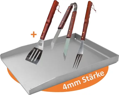 Produktbild von Werk24 Edelstahl Grillplatte mit Grillbesteck 30x40cm Massiv 4mm Stärke Plancha Grillschale für Gasgrill und Holzkohlegrill