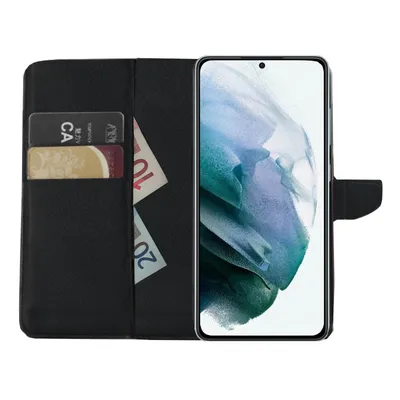 A black wallet-style phone case is open, showing a smartphone with a colorful wallpaper and some cards and banknotes inside the wallet section.