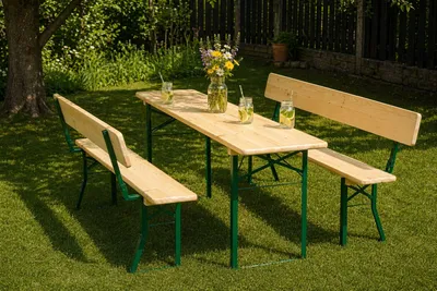 Produktbild von Bierzeltgarnitur PREMIUM 220x50cm - Massivholz Kiefer - Tisch + Bänke mit Lehne