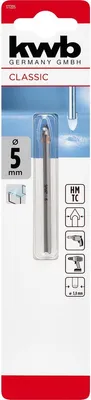 Produktbild von kwb Hartmetall-Glasbohrer, Ø 5 mm (Hartmetallplatte, Zentrierspitze, niedrige Drehzahl, Schneidöl, Rundschaft)