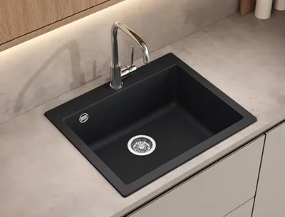 Produktbild von Helika® Granitspüle SIMPLEX  61 x 51 cm in Schwarz inkl. Druckknopfventil und Siphon, Einbau